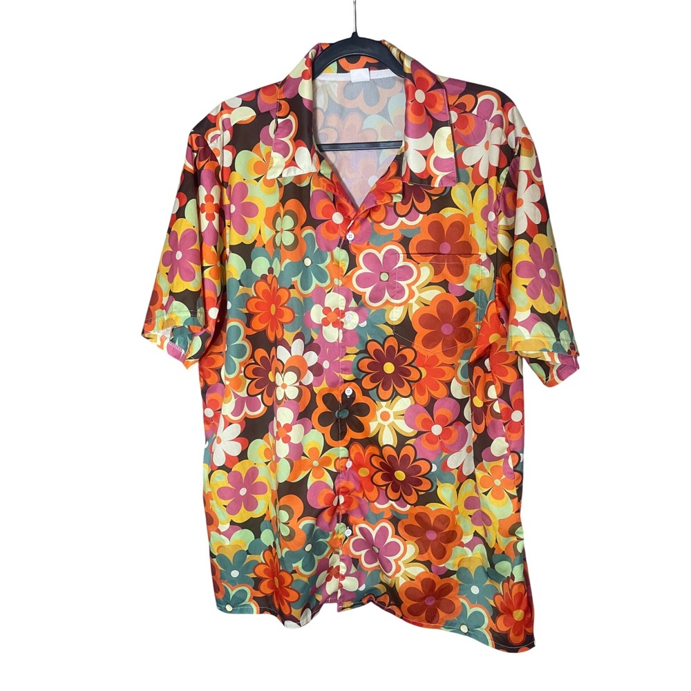 Vintage Style Floral Button Down Shirt XL Retro Psychedelic 70s Camp Collar Top